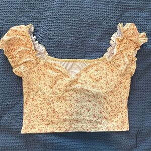 SHEIN Tan Ruffled Cap Sleeve Smocked Blouse